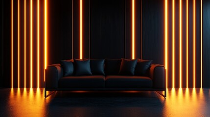 A modern sofa with metallic accents and monochrome cushions, set in a futuristic room with glowing ambient lighting, digital art, sleek and stylish