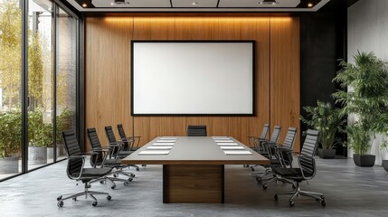 Modern Office Meeting Room Design with Sleek Furniture, Large Screen, and Abundant Natural Light in Black and White Aesthetic