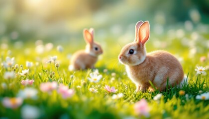 Fototapeta premium Adorable baby rabbits in sunlit meadow with wildflowers