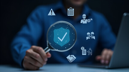 Businessman holding magnifying glass with icons work safety, compliance, risk management, and operational efficiency Work Safety and Compliance Concept