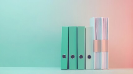 Obraz premium A neatly arranged set of green folders and white documents on a pastel gradient background, minimalistic style, soft natural lighting, modern workspace vibe