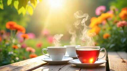 Fototapeta premium Delicate tea cups filled with steaming tea resting on a wooden picnic table in a vibrant garden, Afternoon Tea concept.