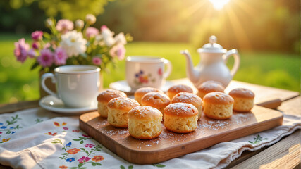 Homemade tea cakes on a wooden serving board in a peaceful garden, enjoying afternoon tea and invoking home-baked happiness.