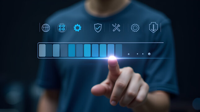 Software update or operating system upgrade, Updating progress bar on computer screen Update software application and hardware upgrade technology concept