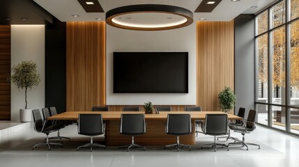 Modern Interior of a Black and White Office Meeting Room Featuring a Large Conference Table and Elegant Design Elements