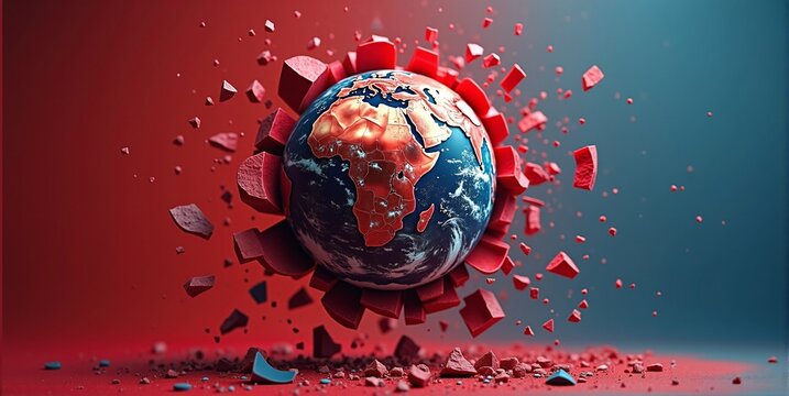 A freestanding globe, shattered and broken, stands alone. Earth's fragmented pieces reveal a world in disarray, symbolizing global crisis
