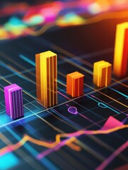 Fototapeta premium Chart graph and info graphics 3d design for data analysis seo tools or statistics background. Colourful illustration and bar graphic for marketing strategy stock market and trading wallpaper