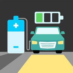 A clean and modern vector illustration of an electric car charging at a station, symbolizing eco-friendly transportation and sustainable energy solutions.