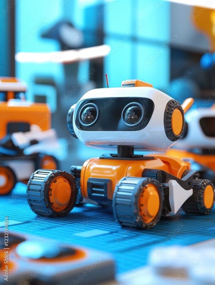 Poster happy diverse school children students group building robotic vehicle robot cars using tablet comput