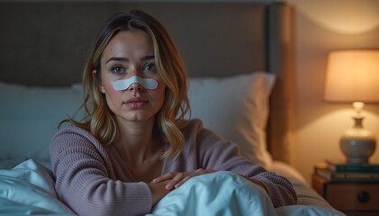 Young woman wearing a nasal strip for relief, sitting in a cozy bedroom at night, soft lamp lighting, seasonal allergies concept. or Flu Season Care