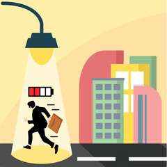 A thought-provoking vector illustration depicting an exhausted businessman under a streetlight, with a low battery icon symbolizing fatigue and burnout.