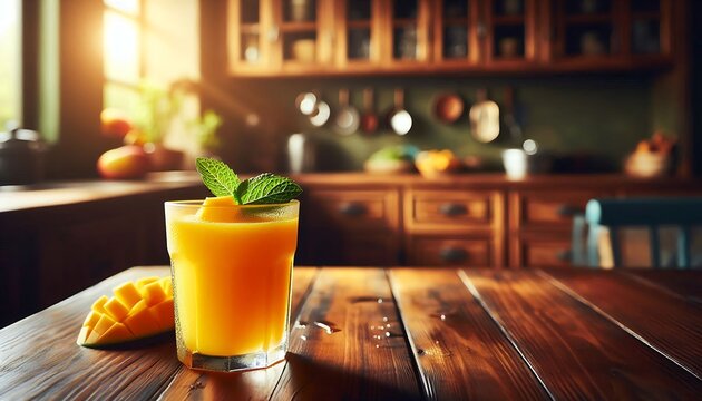 Manggo Joice on Transparant Glass on Kitchen table with morning Sunrise