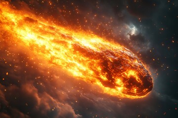 Burning meteor entering earth's atmosphere with dramatic clouds and fire