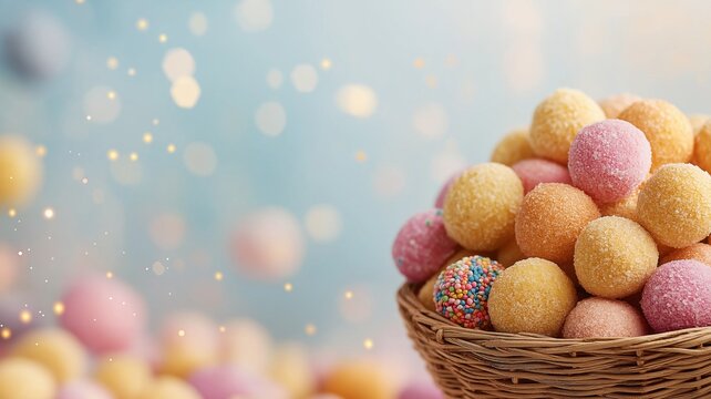 Colorful mishloach manot basket with sweet treats for purim celebration