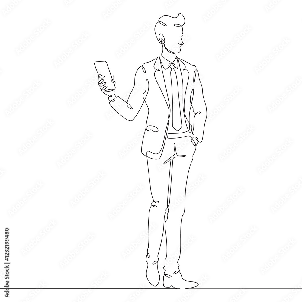 Poster continuous one line drawing businessman talking on smartphone. man with phone. young man in business