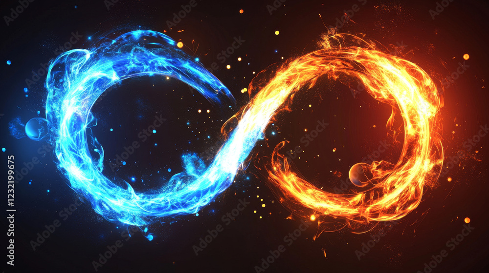 Poster abstract neon ring and infinity symbol from fire and ice energy. vector realistic illustration of ci
