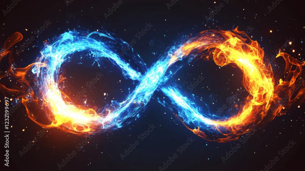 Poster abstract neon ring and infinity symbol from fire and ice energy. vector realistic illustration of ci