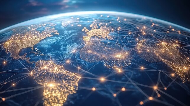 Digital globe with connected trade routes, global network, world trade. 