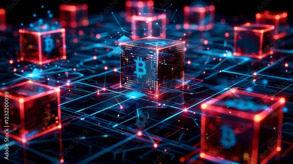 Poster Colorful bitcoin cubes are connected in a complex digital network, symbolizing blockchain technology and cryptocurrency in a futuristic environment.
