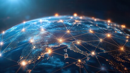 Digital globe with connected trade routes, global network, world trade. 