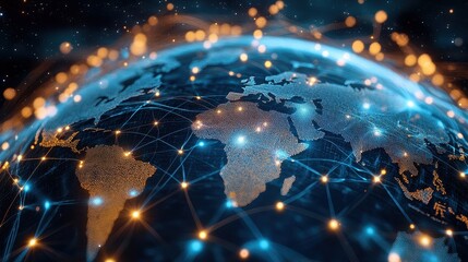 Obraz premium Digital globe with connected trade routes, global network, world trade. 