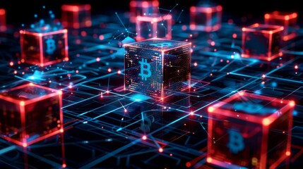 Colorful bitcoin cubes are connected in a complex digital network, symbolizing blockchain technology and cryptocurrency in a futuristic environment.
