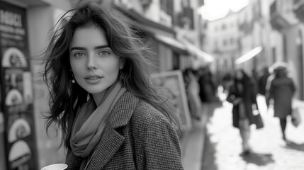 Graceful woman on quaint city street monochrome portrait image. Female with flowing hair, soft smile. Blurred pedestrians black and white picture. Casual sophistication concept photo