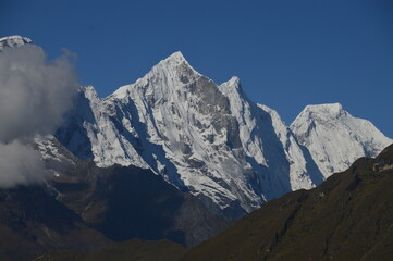 Hiking in the stunning Khumbu Valley surrounded by glaciars and snowy peaks in the Himalayan...