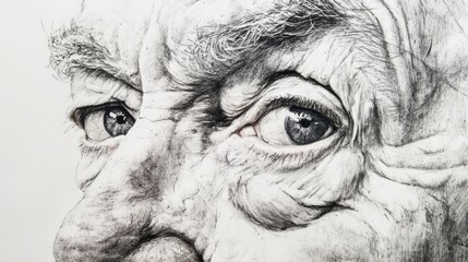 Obraz premium Close-up of an Elderly Man's Intense Eyes and Weathered Face in Artistic Black and White Sketch Representation
