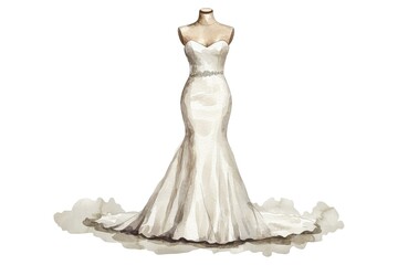 Fototapeta premium Elegant Watercolor Mermaid Wedding Dress on a Mannequin, Isolated on White Background Cutout