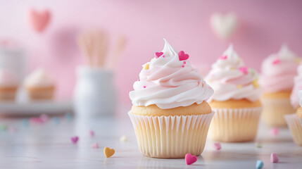 Cupcakes frosted with pink pastel cream and heart-shaped sprinkles