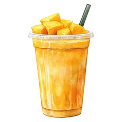 Refreshing Mango Smoothie in a Plastic Cup with a Straw, Isolated on White Background Cutout