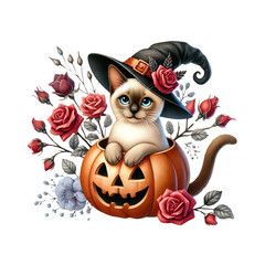 Adorable cat in a witch hat sitting inside a carved pumpkin, surrounded by colorful roses, perfect for Halloween-themed designs.