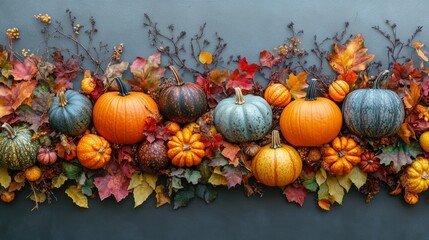 Colorful pumpkins and autumnal leaves arranged on a dark background, creating a festive and seasonal decoration