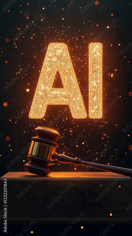 Poster glowing ai letters above a judge's gavel, symbolizing the impact of artificial intelligence on justi