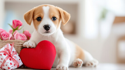 A puppy snuggling with a red heart
