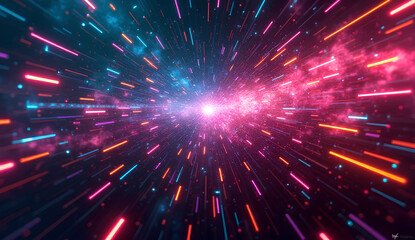 Obraz premium Ultra High-Resolution Chaotic Neon Data Streams in Cyan, Pink, and Yellow Swirling in a Dark Void