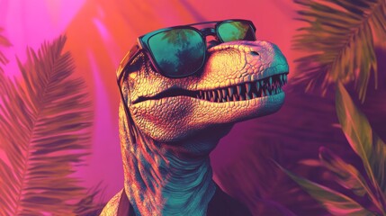 Sunglasses-wearing velociraptor chilling on tropical beach during sunset, synthwave-inspired retro artwork with playful dinosaur vibe
