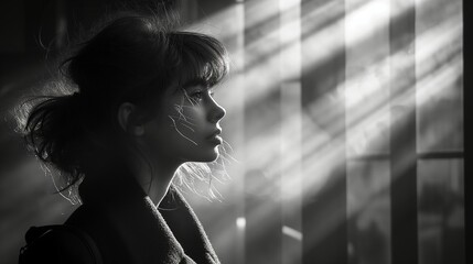 Woman in dramatic rays of light through window monochrome portrait image. Soft shadows, female profile black and white picture. Chiaroscuro introspective expression concept photo