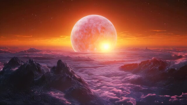 A glowing planet rises over a surreal alien landscape with misty mountains. The cosmic horizon emits a fiery glow in a hyper-realistic sci-fi setting