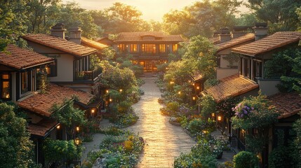 Fototapeta premium A charming eco-friendly town with vibrant greenery