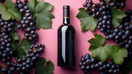 Wine bottle lying on a pink background surrounded by bunches of grapes and green vine leaves, creating an elegant and suggestive composition