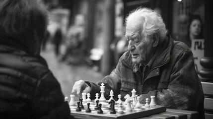 Elderly man engaged in chess game on street bench monochrome portrait image. Senior outdoor activity black and white picture photorealistic. Melancholic urban lifestyle concept photo