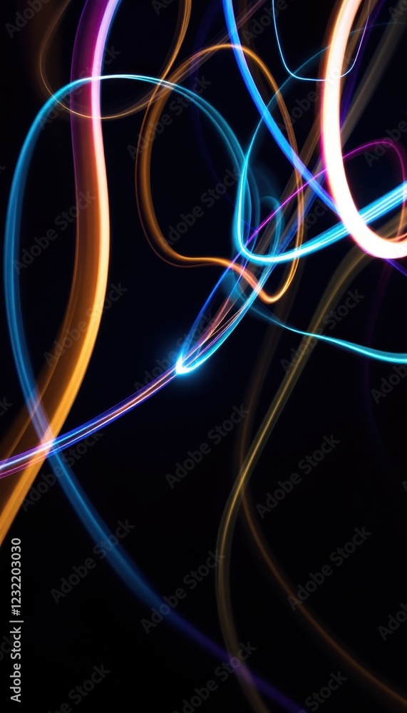 Poster dynamic abstract light trails in vibrant colors on a dark background