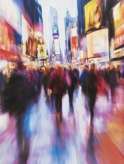 Obraz premium A vibrant urban scene with blurred pedestrians walking in a bustling shopping district, capturing the essence of city life.