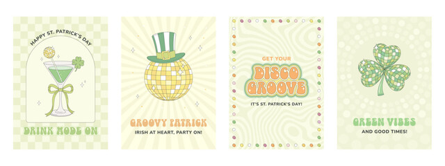 St Patrick's Day greeting card, poster, party invitation. Groovy disco retro style. Green cocktail with disco ball drink stirrer, leprechaun hat on gold mirror disco ball, sparkling disco clover.