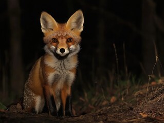 Fototapeta premium A striking portrait of a red fox sitting alert in a dark forest at night with large ears