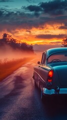 Vintage automobile resting on foggy rural lane, golden sunset light illuminating weathered classic car with timeless elegance