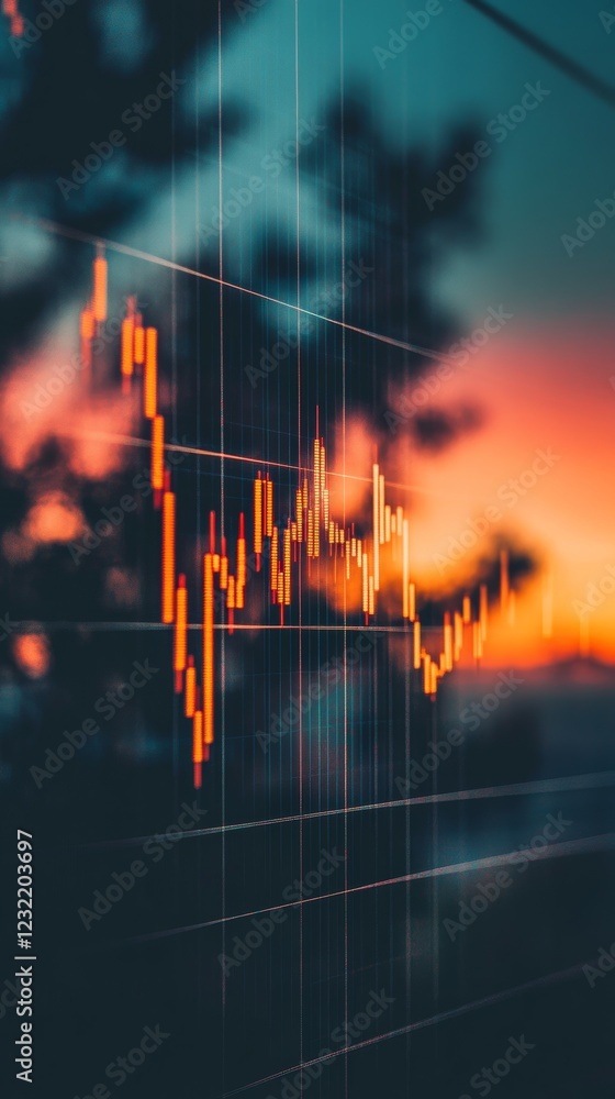 Poster candlestick chart showing stock prices fluctuating during sunset, creating a dramatic and symbolic r