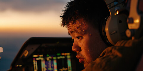 Pilot in Cockpit at Sunset
